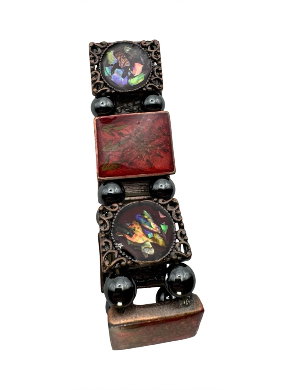 Vintage Copper Tone Stretch Bracelet Abalone‎ Pressed Flower Hematite Beads